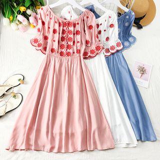 Flower-embroidered Boatneck A-line Dress