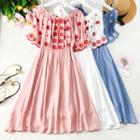 Flower-embroidered Boatneck A-line Dress