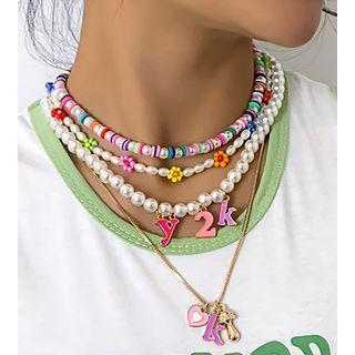 Set Of 4: Alloy Pendant / Flower Bead / Faux Pearl Necklace (various Designs) Gold - One Size