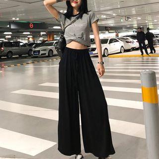 Striped Short-sleeve Twisted Crop T-shirt / Wide-leg Pants