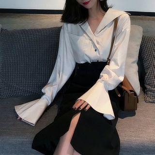 Plain Shirt / Slit-front Midi A-line Skirt