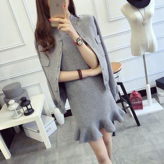 Set: Ruffle Hem Knit Tank Dress + Cropped Cardigan
