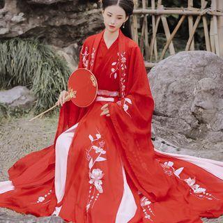 Hanfu Set Of 3 : Embroidered Long-sleeve Long Coat + Embroidered Cross-collar Long-sleeve Top + Semi-body Embroidered Maxi Skirt