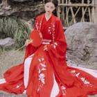 Hanfu Set Of 3 : Embroidered Long-sleeve Long Coat + Embroidered Cross-collar Long-sleeve Top + Semi-body Embroidered Maxi Skirt