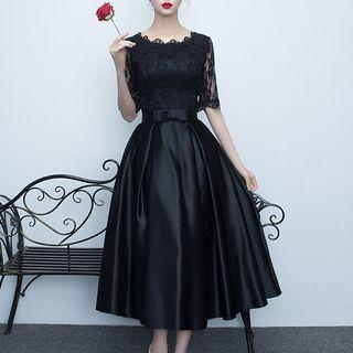 Elbow-sleeve Lace Panel Maxi A-line Prom Dress