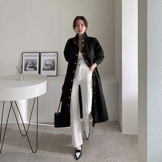 High-neck Metallic-button Coat With Sash