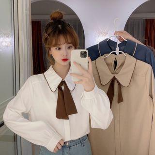 Long-sleeve Tie-neck Blouse / Sweater Vest