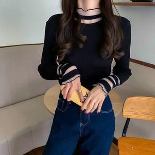 Stand Collar Mesh Panel Knit Top