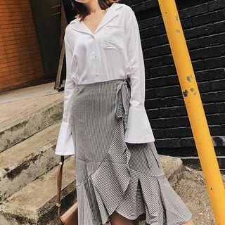 Set: Long-sleeve Blouse + Plaid Ruffle Midi Skirt