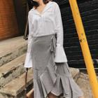 Set: Long-sleeve Blouse + Plaid Ruffle Midi Skirt