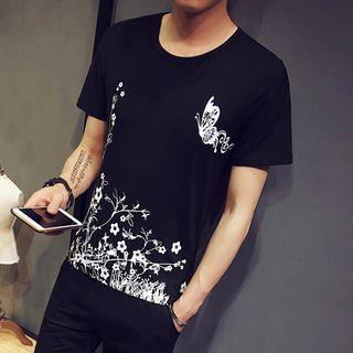 Set: Short Sleeve Patterned T-shirt + Plain Shorts