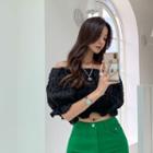 Off-shoulder Ruffle-trim Checked Blouse
