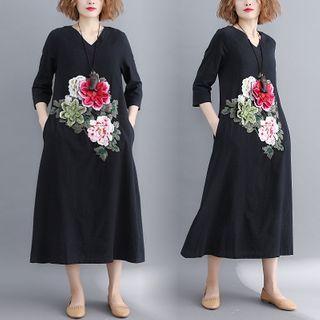 V-neck Floral Embroidered Midi A-line Dress