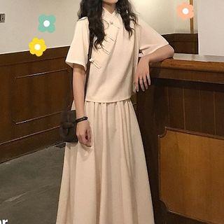 Short-sleeve Chinese Knot Button Top / A-line Midi Skirt