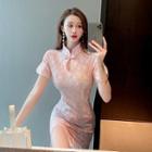 Short-sleeve Floral Lace Mini Qipao Dress