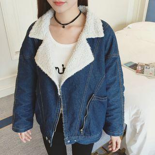 Fleece-lined Diagonal Zip Denim Jacket