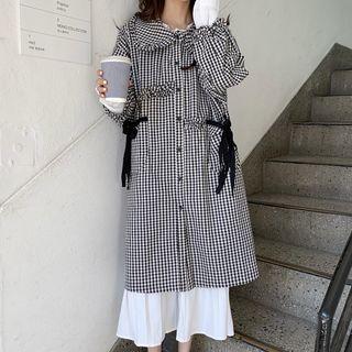 Ruffled Gingham Long Shirt / Long-sleeve Bow Midi A-line Dress