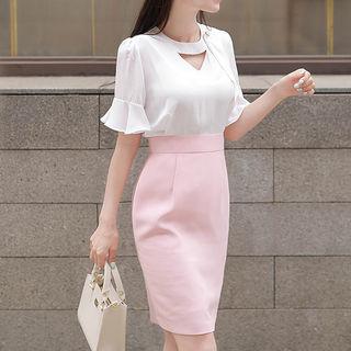 Flare-cuff Mock Two-piece Dress
