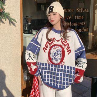 Color Block Printed Sweater Blue - One Size