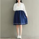 Collared Embroidered Color Panel Long Sleeve Dress