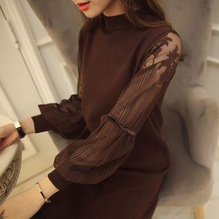 Puff Lace Sleeve Long Knit Top