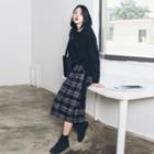 Set: Slit Pullover + Plaid Straight Fit Midi Skirt