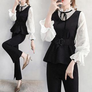 Set: Lantern-sleeve Blouse + Vest + Cropped Boot-cut Pants