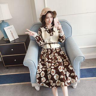 Mock Two-piece Inset Long-sleeved Floral Print Tie-waist Chiffon Panel Sheath Dress