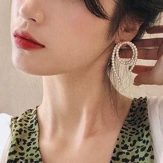 925 Sterling Silver Faux Pearl Hoop Stud Earring 1 Pair - White - One Size