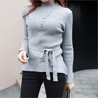 Mock-neck Rib-knit Top With Sash