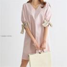 V-neck Tie-cuff Contrast-trim Cotton Dress