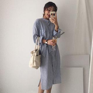 Pinstriped Open Back Midi Shirt Dress