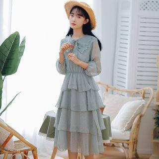 Dotted 3/4-sleeve Midi Tiered Dress