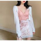 Long-sleeve Plain Cardigan / Crisscross Camisole / High-waist Velvet Lace Trim Skirt