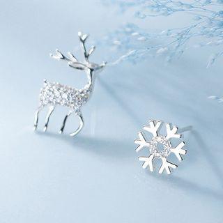 Non-matching 925 Sterling Silver Rhinestone Deer & Snowflake Earring