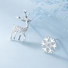 Non-matching 925 Sterling Silver Rhinestone Deer & Snowflake Earring