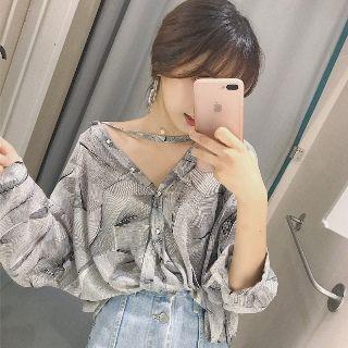 Long-sleeve Printed Beaded Chiffon Blouse
