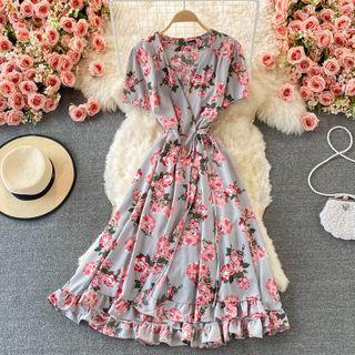 Short Sleeve V-neck Floral Print Maxi Dress