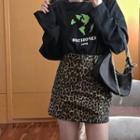 Printed Long-sleeve Top/ Leopard High-waist Mini Pencil Skirt