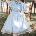 Short-sleeve Bow-front Lace Trim Mesh Overlay Midi A-line Lolita Dress