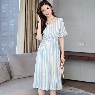 Beaded Cutout Striped Midi Chiffon Dress