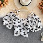 Bow Print Off-shoulder Crop Blouse
