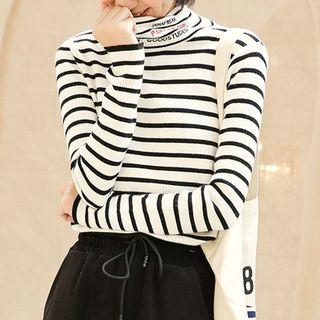 Long-sleeve Striped Lettering Knit Top White - One Size