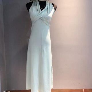 Plain V-neck Halter Open-back Slim-fit Sleeveless Dress Light Blue - One Size