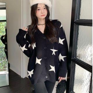 Star Jacquard V-neck Cardigan Black - One Size