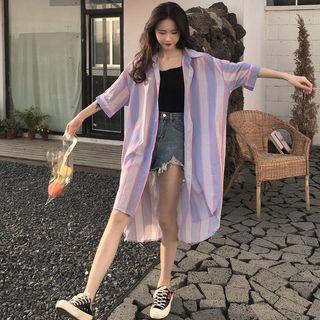 Short Sleeve Striped Long Shirt Light Blue - One Size