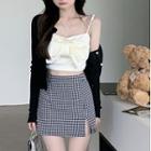 Bow Crop Camisole Top / Gingham Pencil Skirt / Cardigan