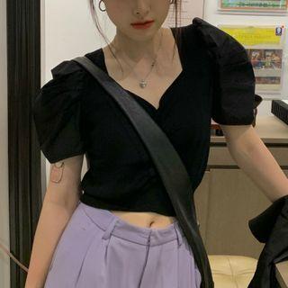 Puff-sleeve Cropped Top / Elbow-sleeve Blazer / Wide-leg Dress Pants