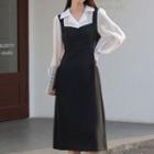 Long-sleeve Notch Lapel Two-tone Midi A-line Dress