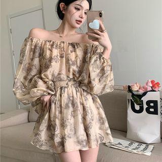 Long-sleeve Off-shoulder Floral Top / Shorts